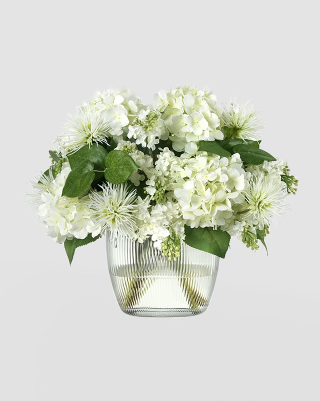 Lilacs & Dahlias Bouquet In Ribbed Glass Vase